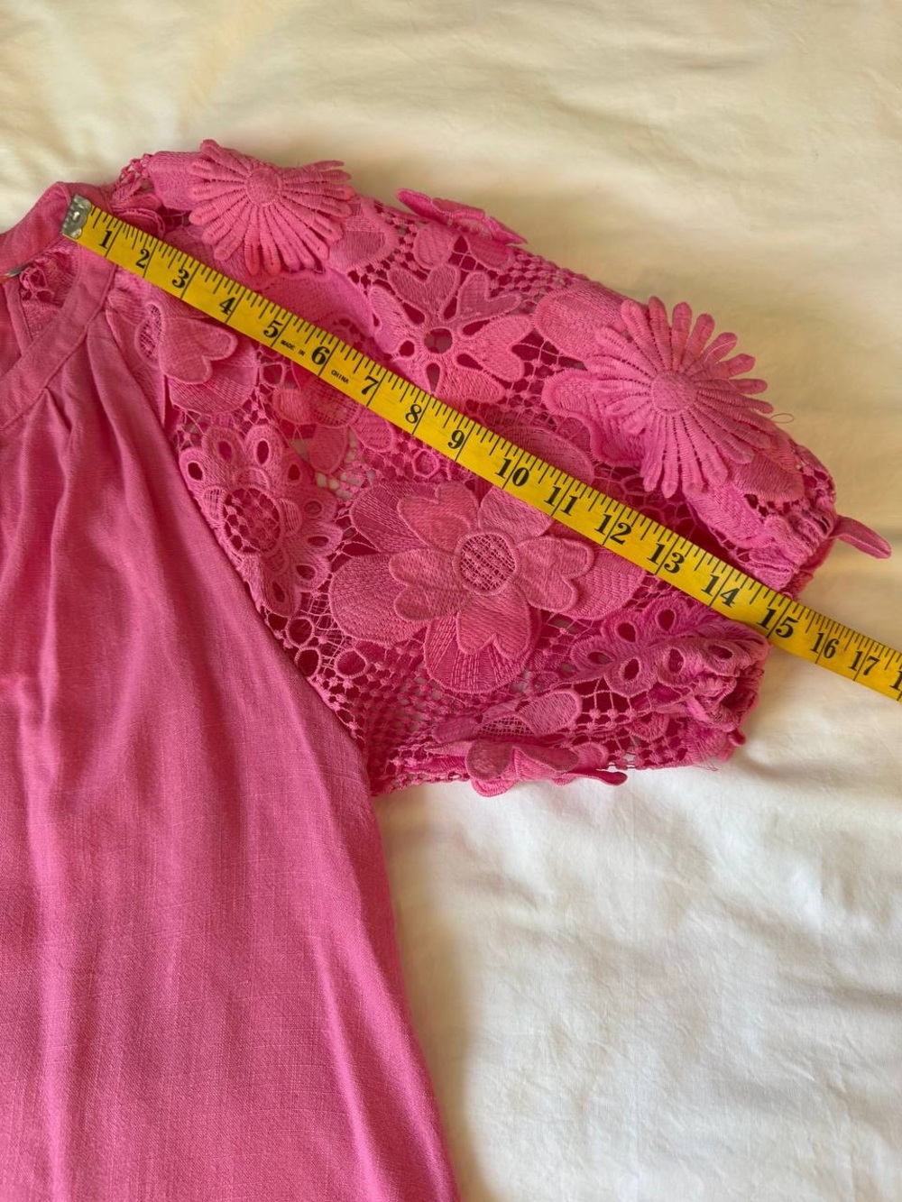 Umgee Linen Blend Bubble Pink Tunic Top M Crochet Floral Lace 3D Puff Sleeve - Picture 10 of 10